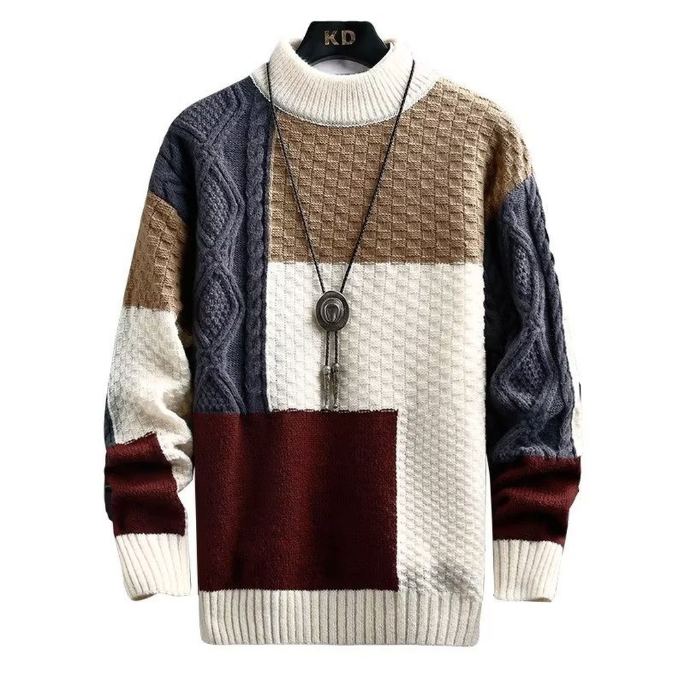 Men's Crew Neck Sweater Base Layer Knitwear Color Block Warm Top